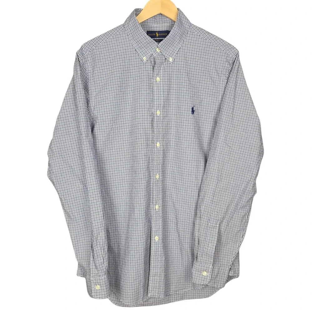 Ralph Lauren Button Down Shirt Mens Large Blue Black Check SLIM FIT Long Sleeve